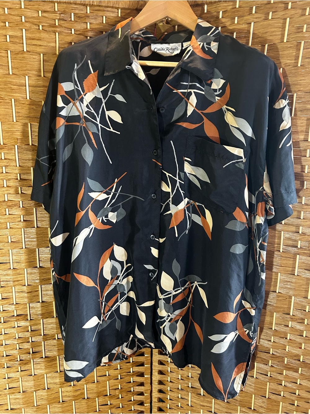 Silk Button Up Womens Blouse Leaf Print Oversized Pocket Coastal Quiet Luxury XL